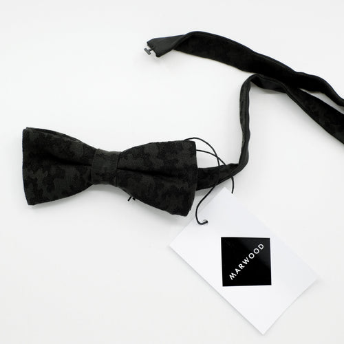 Black bow tie with 'Marwood' branding.