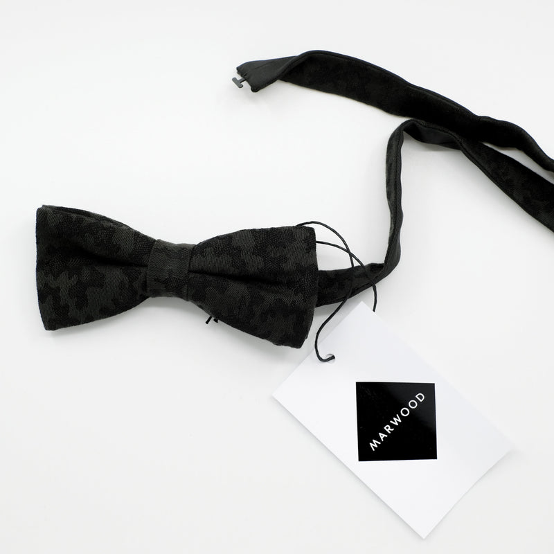 Black bow tie with 'Marwood' branding.