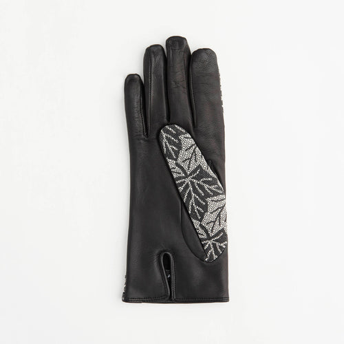 Women's Leather Driving Gloves with Printed Lace Overlay