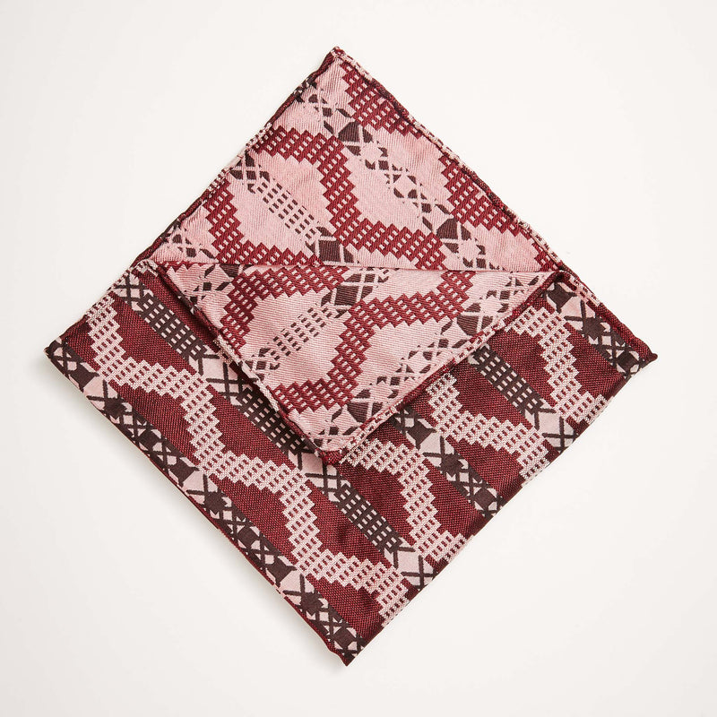 Burgundy Grid Stripe Silk Pocket Square