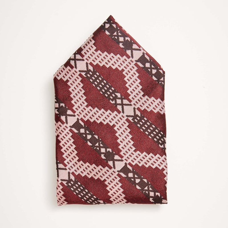 Burgundy Grid Stripe Silk Pocket Square